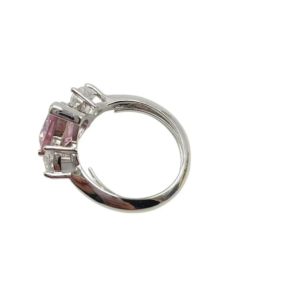 Pink Heart Clear Glass Rhinestone Silver Plated Vintage Cocktail Ring Size 8.75 - Picture 8 of 8